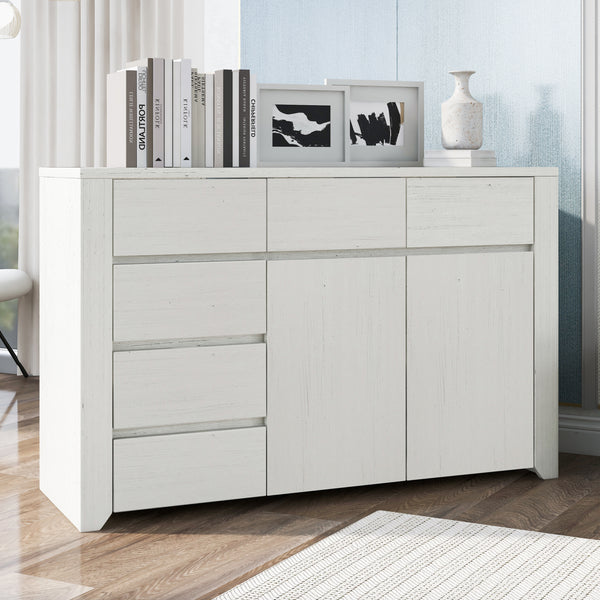 Simple Style Manufacture Wood Dresser with Wood Grain Sticker Surfaces Six Drawers and Two Level Cabinet Large Storage Space for Living Room Bedroom Guest Room Children’s Room, Stone Gray