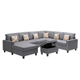 Gray Linen Fabric 7Pc Reversible Chaise Sectional Sofa with Interchangeable Legs, Pillows and Storage Ottoman