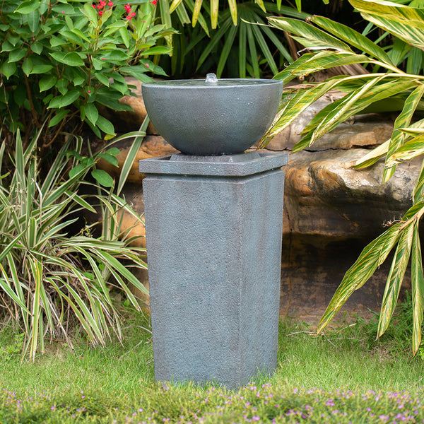 Gray Polyresin Gray Zen Bowl Water Fountain, Outdoor Bird Feeder /Bath Fountains, Relaxing Water Feature for Garden Lawn Backyard Porch