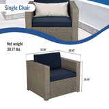 Outdoor Garden Patio Furniture 8-Piece Gray Mix Yellow Rattan Wicker Sectional Navy Cushioned Sofa