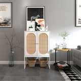 Natural Rattan 2 Door high cabinet，Built-in adjustable shelf，Easy Assembly，Free Standing Cabinet for Living Room Bedroom