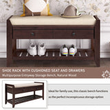 TREXM  Shoe Rack with Cushioned Seat and Drawers, Multipurpose Entryway Storage Bench (Espresso)
