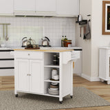 Double Door Kitchen Island with Lockable Wheels, Towel Rack, Storage Drawer and Three Open Shelves-White