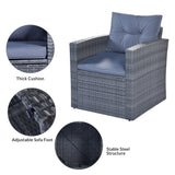 Wicker PE rattan Patio Outdoor Dining Conversation Sectional Set with coffee table, wicker sofas, ottomans,  removable cushions (Dark grey wicker, Light grey cushion)