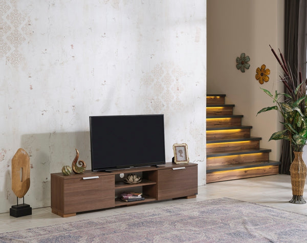 FurnisHome Store April Mid Century Modern Tv Stand 2 Door Cabinets 2 Shelves White 66 inch Tv Unit, Walnut