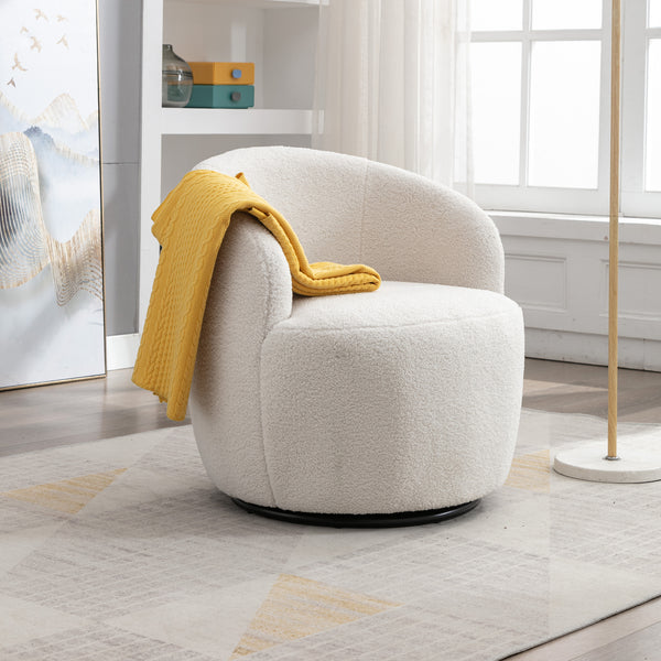 Teddy Fabric Swivel Accent Armchair Barrel Chair With Black Powder Coating Metal Ring,Ivory White