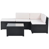 5-Piece Patio Rattan PE Wicker Furniture Corner Sofa Set, with 2 Sofa chairs, 1 Corner chair, 1 ottoman and 1 glass coffee table, Sectional Sofa Chair, Seating, Lying(Black Wicker, Beige Cushion)