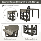 Rustic Wood 4-Piece Counter Height Dining Table Set with Storage Shelves and Drawer