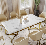 Bura Modern Marble Dining Table with Rectangular Tabletop Gold Stainless Legs, for Kitchen and Dining Room