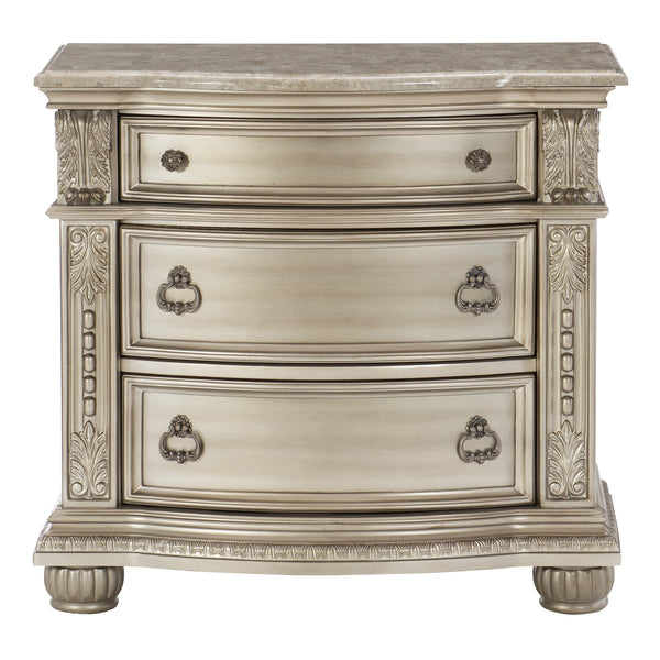 Silver Finish European Design 1pc Nightstand w Genuine Marble Top