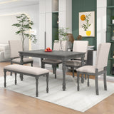 6-Piece Wood Dining Table Set Rectangular Table with Turned Legs, 4 Upholstered Chairs and Bench for Dining Room