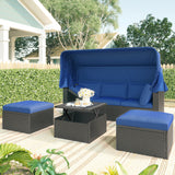 Outdoor Patio Daybed with Retractable Canopy. Wicker Furniture Sectional Seating with Washable Cushions, Backyard, Porch
