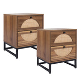 Rattan Nightstand Set of 2, Walnut End Table with 2 Natural Rattan Drawer & Metal Legs