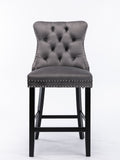 Contemporary Velvet Upholstered Barstools with Button Tufted Decoration and Wooden Legs, and Chrome Nailhead Trim, Leisure Style Bar