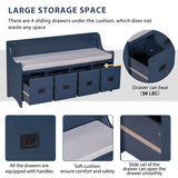 TREXM Movable Cushion Storage Bench with Drawers and Backrest for Entryway and Living Room（Antique Navy）