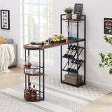 Bar table with bottle holder and glass holder, multifunctional high bar table, can hold 8 bottles of wine and 9 glasses, with side storage.(Rustic Brown,53.3’’w x 15.75’’d x 36.4’’h)