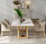 Bura Modern Marble Dining Table with Rectangular Tabletop Gold Stainless Legs, for Kitchen and Dining Room