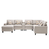 Beige Linen Fabric 7Pc Reversible Chaise Sectional Sofa with a USB, Charging Ports, Cupholders, Storage Console Table and Pillows and Interchangeable Legs