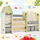 Kids Bookshelf Toy Storage Organizer with 17 Bins and 4 Bookshelves, Multi-functional Nursery Organizer Kids Furniture Set Toy Storage Cabinet Unit with HDPE Shelf and Bins