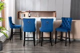 Contemporary Velvet Upholstered Barstools with Button Tufted Decoration and Wooden Legs, and Chrome Nailhead Trim, Leisure Style Bar Chairs,Bar stools, Set of 2 (Blue)