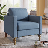Classic Linen Armchair Accent Chair with Bronze Nailhead Trim Wooden Legs Single Sofa Couch for Living Room, Bedroom, Balcony, Navy Blue