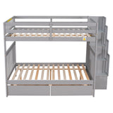 Full Over Full Bunk Bed with 2 Drawers and Staircases, Convertible into 2 Beds, the Bunk Bed with Staircase and Safety Rails for Kids, Teens, Adults, Grey