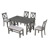 6-Piece Family Dining Room Set Solid Wood Space Saving Foldable Table and 4 Chairs with Bench for Dining Room