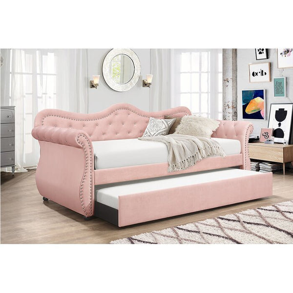 Pink Upholstered Velvet Wood Daybed with Trundle
