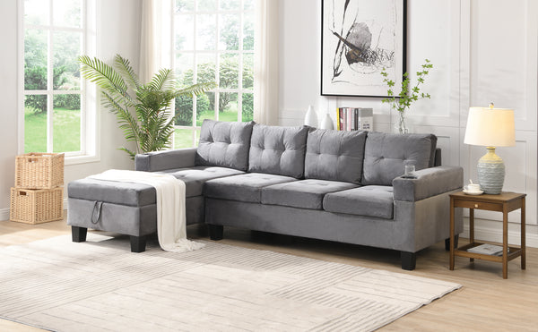 Sectional Sofa Set for Living Room with L Shape  Chaise Lounge ,cup holder and  Left  Hand with Storage Chaise  Modern 4 Seat (Grey) 
--LEFT CHAISE WITH STORAGE