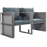 2-Piece All-Weather Wicker Conversation Set Rattan Sofa Set Outdoor Patio Half-moon Sectional Furniture Set w/ Side Table for Umbrella, Gray Rattan+Gray Cushion