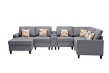 Gray Linen Fabric 7Pc Reversible Chaise Sectional Sofa with a USB, Charging Ports, Cupholders, Storage Console Table and Pillows and Interchangeable Legs