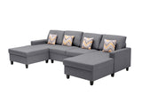 Gray Linen Fabric 4Pc Double Chaise Sectional Sofa with Pillows and Interchangeable Legs