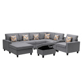 Gray Linen Fabric 8Pc Reversible Chaise Sectional Sofa with Interchangeable Legs, Pillows, Storage Ottoman, and a USB, Charging Ports, Cupholders, Storage Console Table