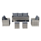 6-Piece Outdoor PE Rattan Sofa Set Patio Garden Wicker Dining and Coffee Sofa-Grey