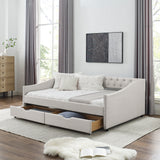 Full Size Daybed with Drawers Upholstered Tufted Sofa Bed, with Button on Back and Copper Nail on Waved Shape Arms，Beige（80.5“x55.5”x27.5“）
