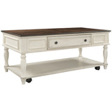 ON-TREND Two-tone Retro Cocktail Table Coffee Table Easy Assembly Movable with Caster Wheels for Livingroom (Antique White)