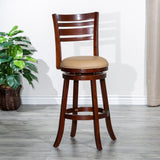 30" Bar Height Slat Back Swivel Stool, Cherry Finish, Bone Leather Seat