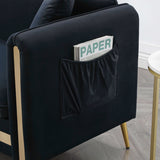 Modern Black Velvet Loveseat Sofa, Side Pocket Mid-Century Tufted, Gold Metal Legs