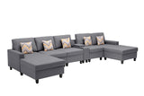 Gray Linen Fabric 6Pc Double Chaise Sectional Sofa with Interchangeable Legs, a USB, Charging Ports, Cupholders, Storage Console Table and Pillows