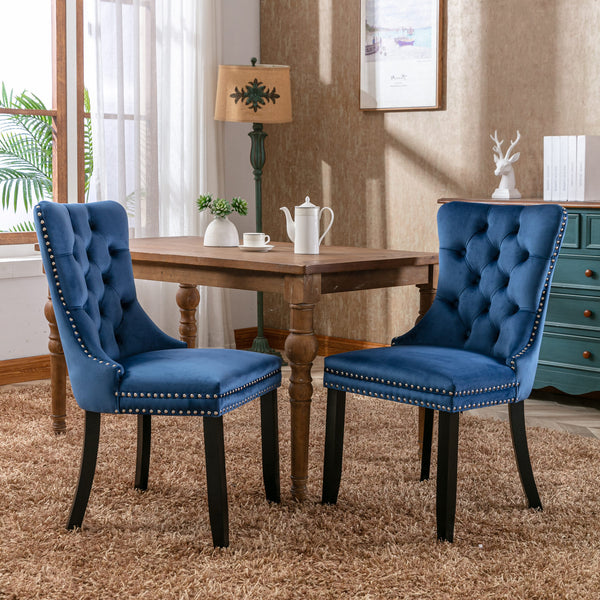 A&A Furniture,Nikki Collection Modern, High-end Tufted Solid Wood Contemporary Velvet Upholstered Dining Chair with Wood Legs Nailhead Trim  2-Pcs Set，Blue, 1901BL