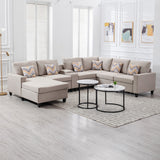 Beige Linen Fabric 7Pc Reversible Chaise Sectional Sofa with a USB, Charging Ports, Cupholders, Storage Console Table and Pillows and Interchangeable Legs