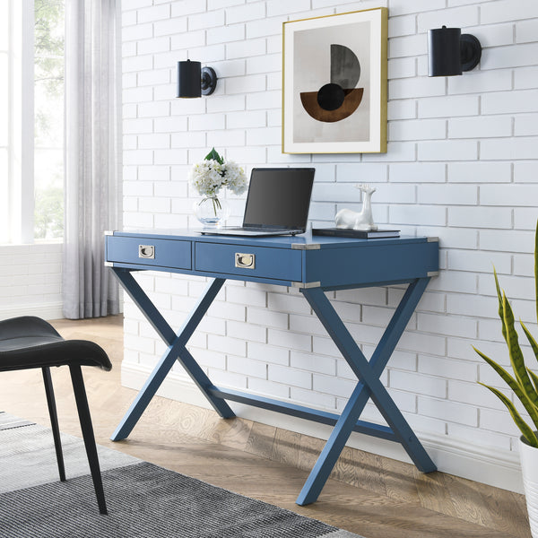 Blue Computer Desk with Storage, Sturdy Table for home office