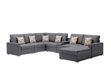 Gray Linen Fabric 7Pc Reversible Chaise Sectional Sofa with a USB, Charging Ports, Cupholders, Storage Console Table and Pillows and Interchangeable Legs