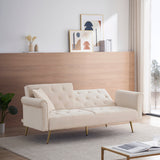 Beige velvet nail head sofa bed with throw pillow and midfoot