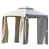 Outdoor Patio Hexagon Gazebo with Polyester Curtain Side Wall, Double Roofs for Decks, Poolsides, Gardens, Beige