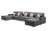 Gray Linen Fabric 6Pc Double Chaise Sectional Sofa with Interchangeable Legs, a USB, Charging Ports, Cupholders, Storage Console Table and Pillows