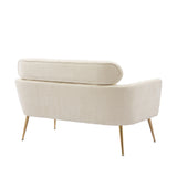 Beige Loveseat Small Sofa, With 2 Throw Pillows, Gold Metal Legs