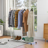 Garment Rack With Wheels;  Clothing Rack with Mesh Storage Shelf;  Capacity 100 lbs;  2 Brakes;  Sturdy Steel Frame;  White