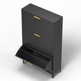 3 Drawer All Steel Shoe Cabinet, Freestanding Shoe Rack Storage Organizer with Flip Door, Modern Tipping Bucket Shoe Cabinet for Entryway, Hallway, Bedroom, Black