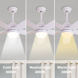 52 Inch White Ceiling Fan with Noiseless DC Motor and LED Lights Remote Control, 6 wind speeds